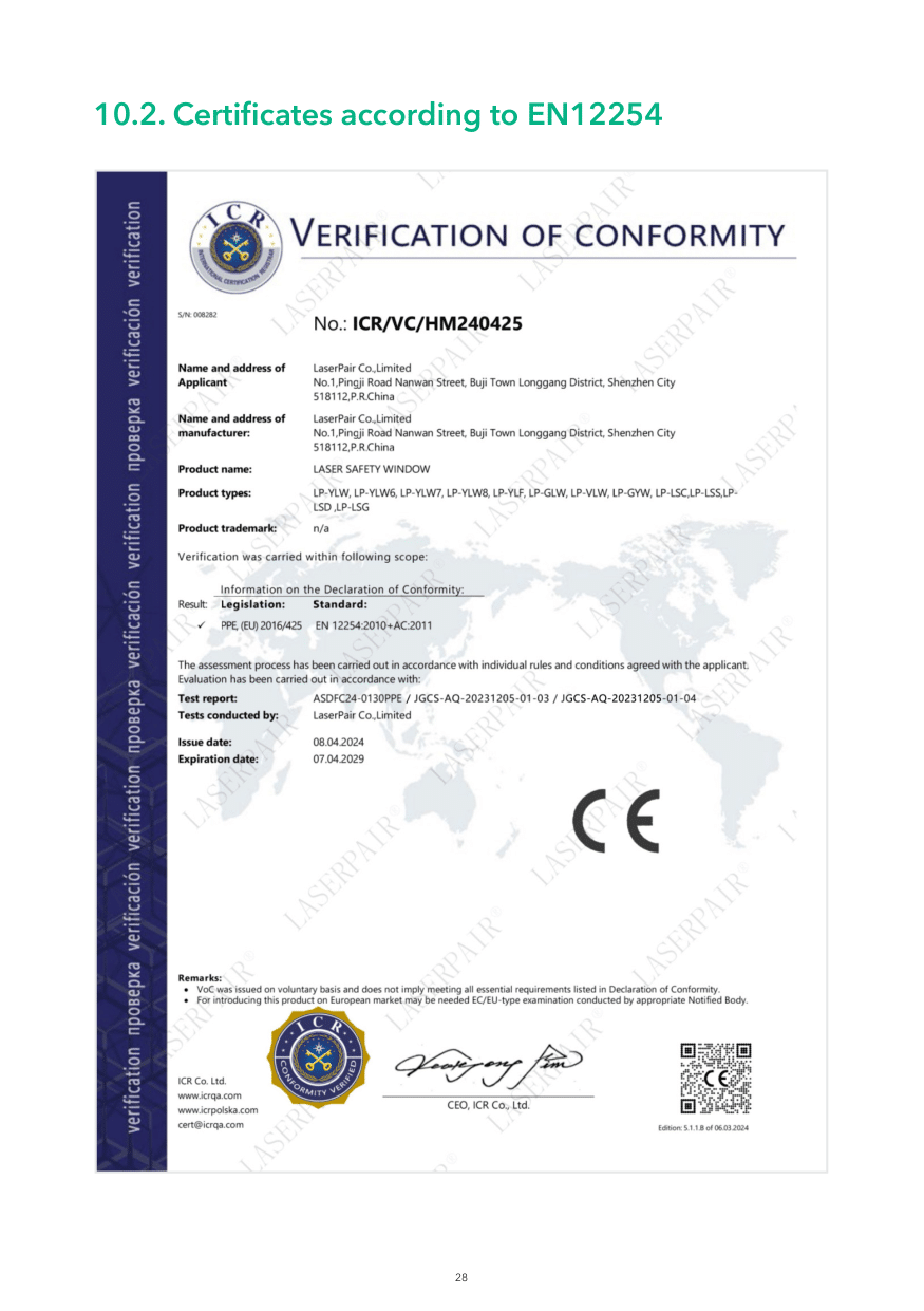 Certificate according to EN 12254